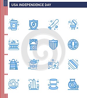 Set of 16 Vector Blues on 4th July USA Independence Day such as sticks; drum; baseball; grill; barbecue