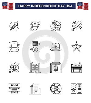 Set of 16 Vector Lines on 4th July USA Independence Day such as hat; american; states; hardball; baseball