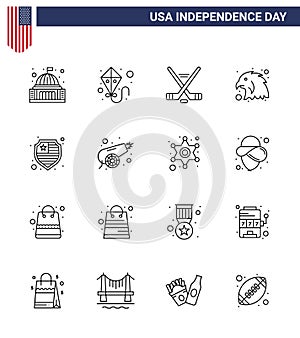 Set of 16 Vector Lines on 4th July USA Independence Day such as shield; american; hokey; eagle; animal