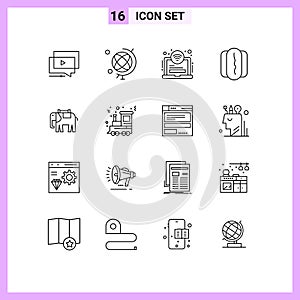 Set of 16 Vector Outlines on Grid for elephant, africa, area, sausage, food