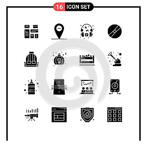 Set of 16 Vector Solid Glyphs on Grid for camping, backpack, headphone, pokemon, movie