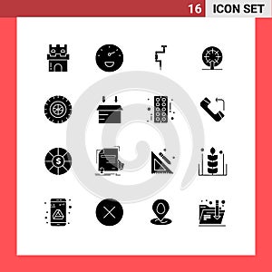 Set of 16 Vector Solid Glyphs on Grid for car, ship, drill, boat, well