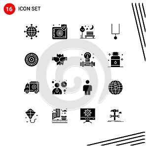 Set of 16 Vector Solid Glyphs on Grid for spring, tuning fork, night, music, park