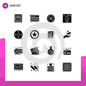 Set of 16 Vector Solid Glyphs on Grid for success, interface, synthesiser, communication, ad blocker