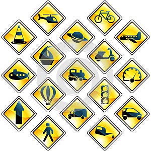 Set of 17 yellow traffic and transportation icons