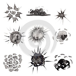 Set 19 with nine different shapes abstract explosion pictures. Isolated on white. Hand drawn chinese ink on paper textures.