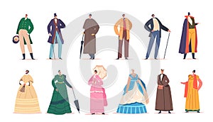 Set of 19th Century European Ladies and Gentlemen Wear Elegant Gowns, Costumes and Accessories. Victorian Characters