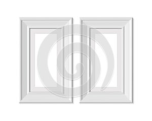 Set 2 1x2 Vertical Portrait picture frame mockup. Framing mat with wide borders. Realisitc paper, wooden or plastic white blank.