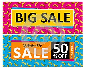 Set of 2 Big Sale Vector Banners. Abstract Vector Sale Illustrations with Yellow Banana Pink and Blue Background.