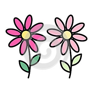 Set of 2 blooming flowers in trendy bright and pale marker shades. Design elements for greetings