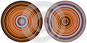 Set of 2 bright abstract colorful circles isolated on white background. Circular lines , radial striped texture in orange, brown a