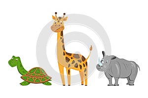 Set 2 of cute animals collection: turtle, giraffe, rhino. African animals