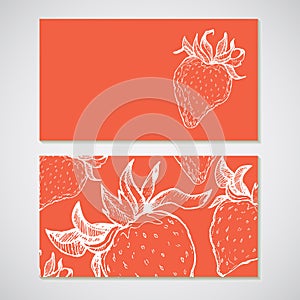 Set of 2 detailed business cards with strawberry sketch. For cafe and restaurant