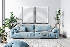 Set of 2 empty frames for wall art mockup. Blue couch and potted plants in modern living room interior