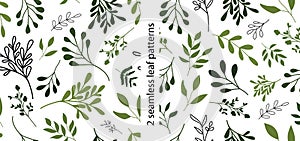 Set of 2 hand drawn leaf seamless patterns