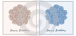 Set of 2 Lovely Birthday Wishes Vector Cards. Bouquets of Pink and Blue Roses