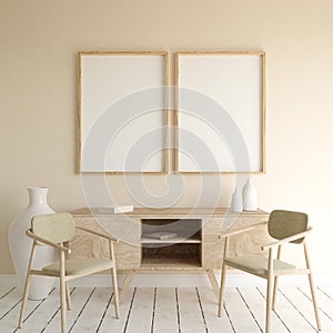set of 2 Mock up frame in home interior background, white room with natural wooden furniture,Boho style, 3d render