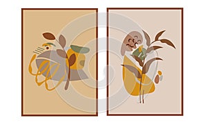 Set of 2 printable abstract organic shapes wall art decorations. Mid century moden flowers and leafs wall decoration