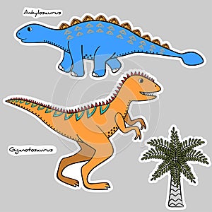 Set of 2 stylized dinosaurs and tree, vector illustration