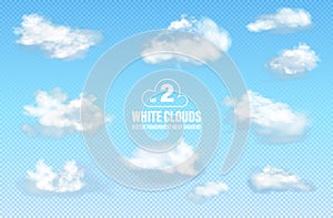 Set 2 of transparent different clouds isolated on blue background. Real transparency effect. Vector illustration EPS10