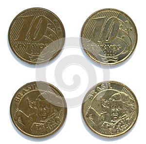 Set of 2 (two) different years Brazilian 10 Centavos steel plated brass coins lot 2009, 2011 year, Brazil.