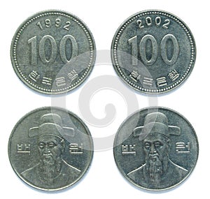 Set of 2 (two) different years South Korean 100 won copper-nickel coins lot 1992, 2002 year.