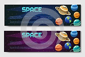 Set of 2 vector brouchure. flyer,banner with planets isolated on space background in different styles. Universe, galaxy, cosmic st