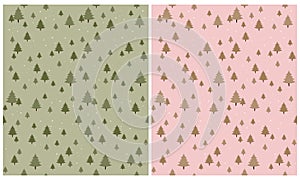 Set of 2 Winter Holidays Seamless Vector Pattern with Green and Gold Christmas Trees.