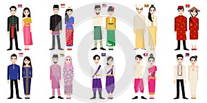 Set of 20 Asian men and women cartoon characters in traditional costume with flag vector