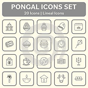 Set Of 20 Black Lineal Pongal Celebration Icons On Square Background In Grey And Beige