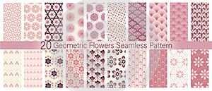 Set of 20 Geometric flowers seamless patterns swatches. Pink and pastel Colors