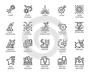 Set of 20 line icons in series of laser cutting. Computer numerical controlled printer, 3D milling machine