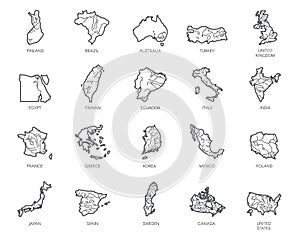 Set of 20 maps in linear style of different countries - England, America, Asia, Europe. Outline isolated icon