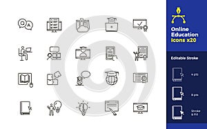 Set of 20 Online Education related Icons with editable stroke. Vector illustrations related with learning online, internet courses