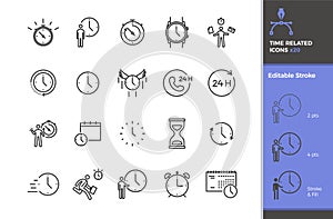 Set of 20 time related vector icons. Different types of time measurement instruments like clock, stopwatch, hourglass. Business,