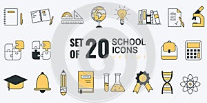 Set of 20 vector icons of school related objects. It includes books, paper, pencil, globe, chemistry flask, puzzle, bag