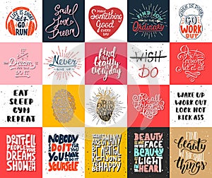 Set of 20 vector motivational and inspirational lettering posters, greeting cards, decoration, prints, t-shirt design.