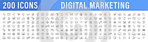 Set of 200 Digital Marketing web icons in line style. Social, networks, feedback, communication, marketing, ecommerce. Vector