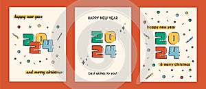 Set of 2024 Happy New Year posters and Merry Christmas flyers. Banner with colorful numbers and abstract geometric