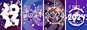 Set of 2024 new year cards. White paper numbers with shadows with blurred orange flying sparkles on purple backdrops