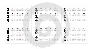 Set of 2024 year simple horizontal a4 size calendars in english, spanish, russian, french, chinese and german languages