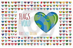 Set of 204 heart shaped flags of all the sovereing countries of the world icon set Vector Illustration