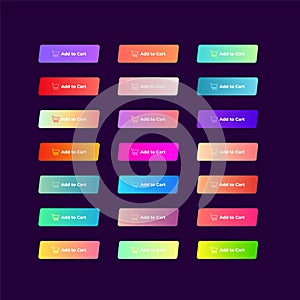 Set of 21 colorful buttons with gradients on dark background