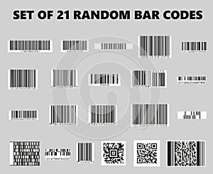 Set of 21 random bar codes and qr codes - vector bar code template mockup for design