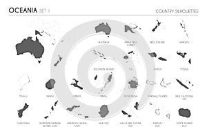 Set of 22 high detailed silhouette maps of Oceanian Countries and territories, and map of Oceania vector illustration