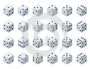 Set 24 authentic icons of dice in all possible turns. Twenty four variants loss dice. White game cubes isolated on white