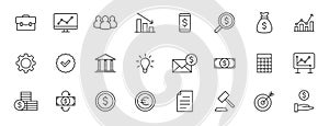 Set of 24 Business and Finance web icons in line style. Money, dollar, infographic, banking. Vector illustration