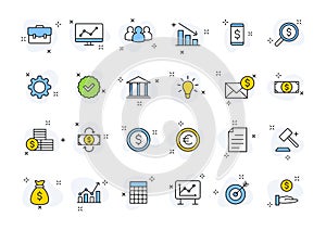 Set of 24 Business and Finance web icons in line style. Money, dollar, infographic, banking. Vector illustration