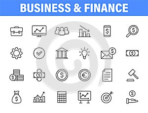 Set of 24 Business and Finance web icons in line style. Money, dollar, infographic, banking. Vector illustration