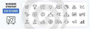 Set of 24 Business strategy web icons in line style. Startup, investment, financial, development, marketing, idea. Vector